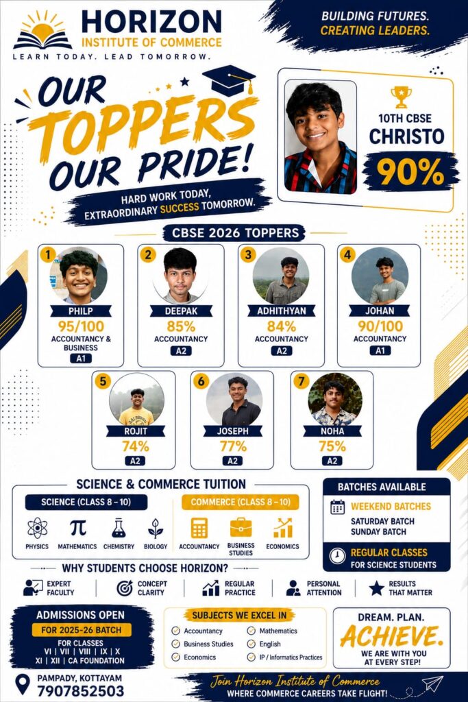 CBSE 2026 Toppers Horizon Institute of Commerce Pampady Kottayam